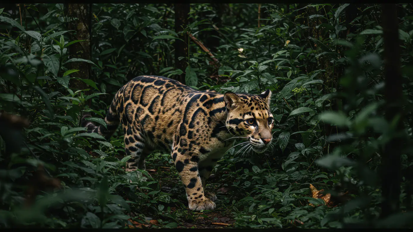 Clouded Leopard Stalking Through Dense Jungle Foliage in Natural Habitat