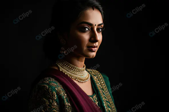 Elegant Indian Woman in Green Saree with Traditional Jewelry