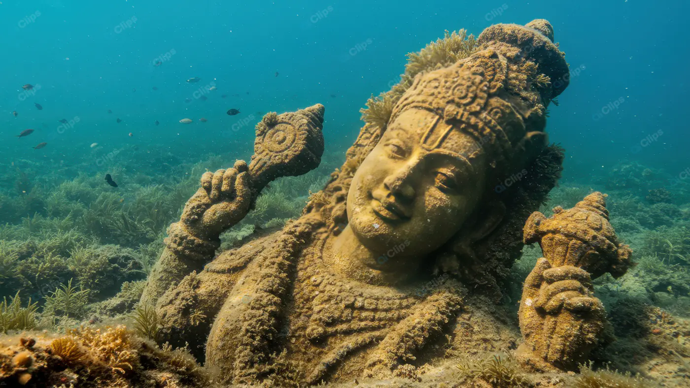 Underwater Statue of Hindu Deity with Conch Shells Surrounded by Marine Life