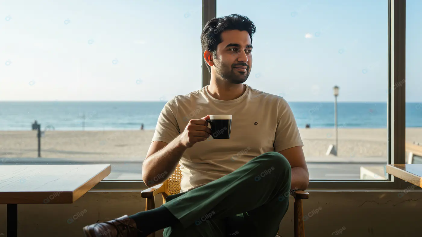 Indian Man Enjoying Coffee at Beachside Café – Relaxed Lifestyle Scene