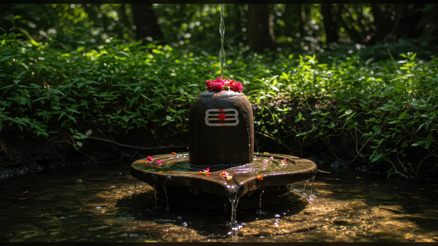 Sacred Shiva Lingam with Flowers and Water in Nature