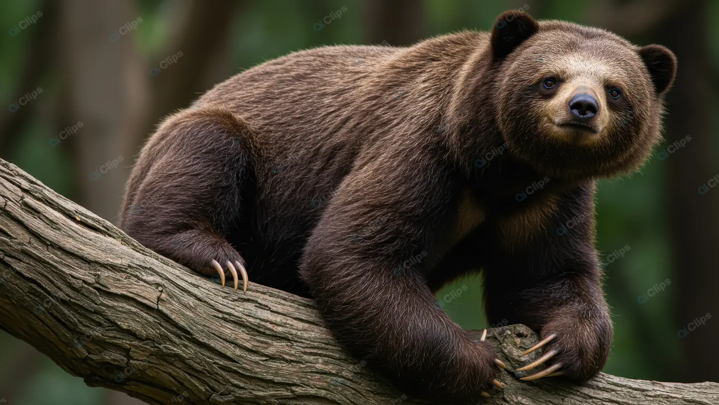 Brown Bear Balancing on Tree Branch in Forest Habitat