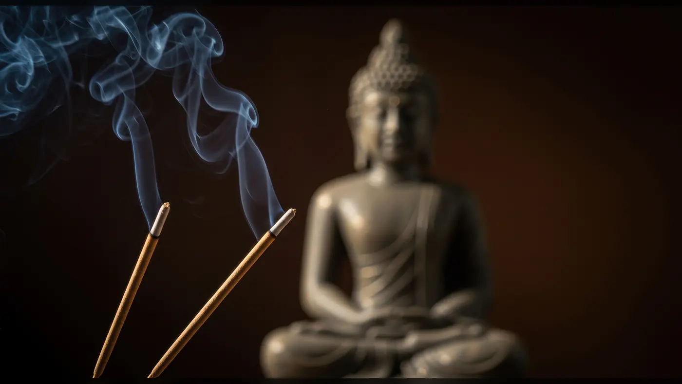 Meditation Buddha Statue with Burning Incense Sticks and Calm Smoke