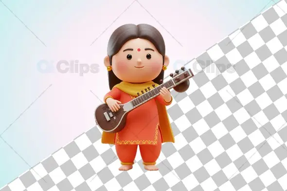 Indian Woman Playing Sitar - Traditional 3D Illustration