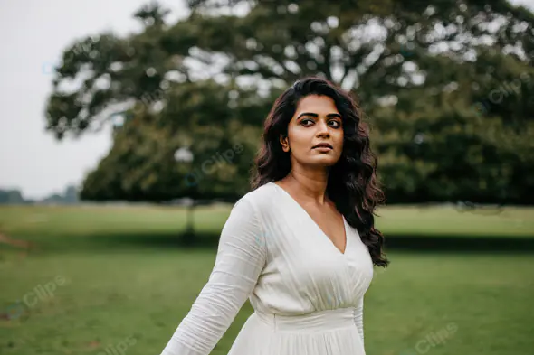 Elegant Woman in White Dress Walking in Nature