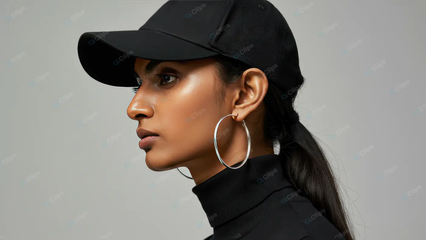 Stylish Indian Woman in Black Cap and Turtleneck with Hoop Earrings
