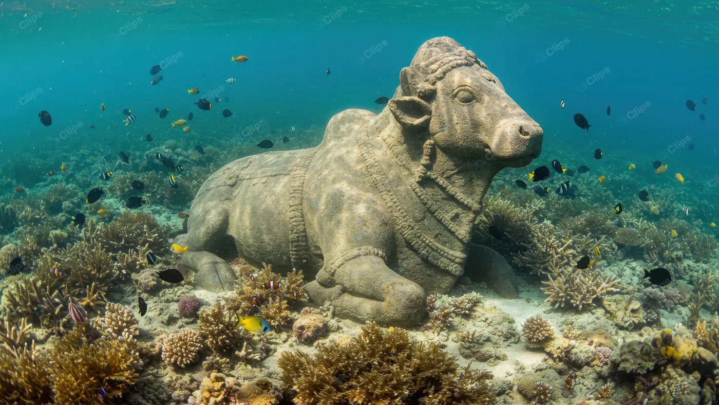Submerged Nandi Statue Surrounded by Vibrant Coral and Fish