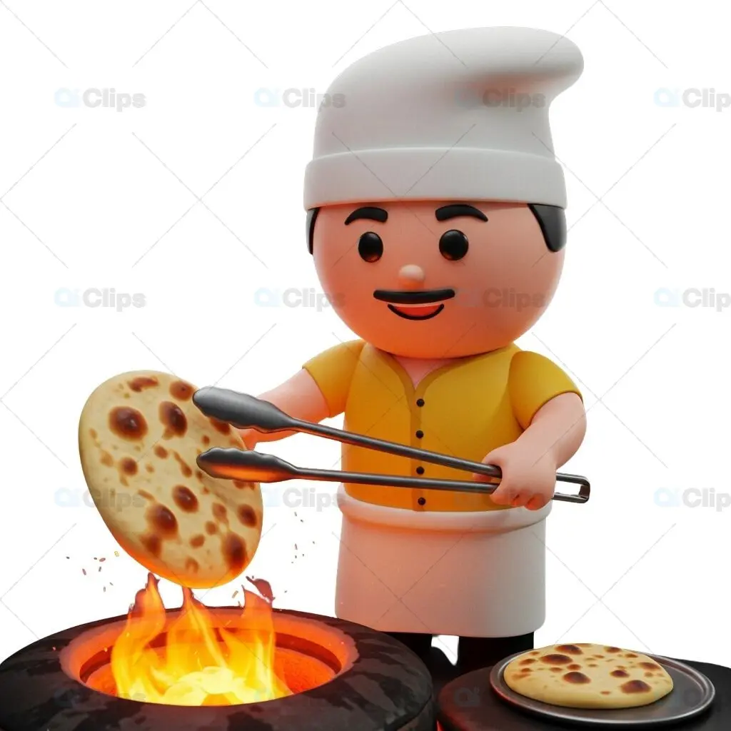 3D Chef Making Naan in Tandoor