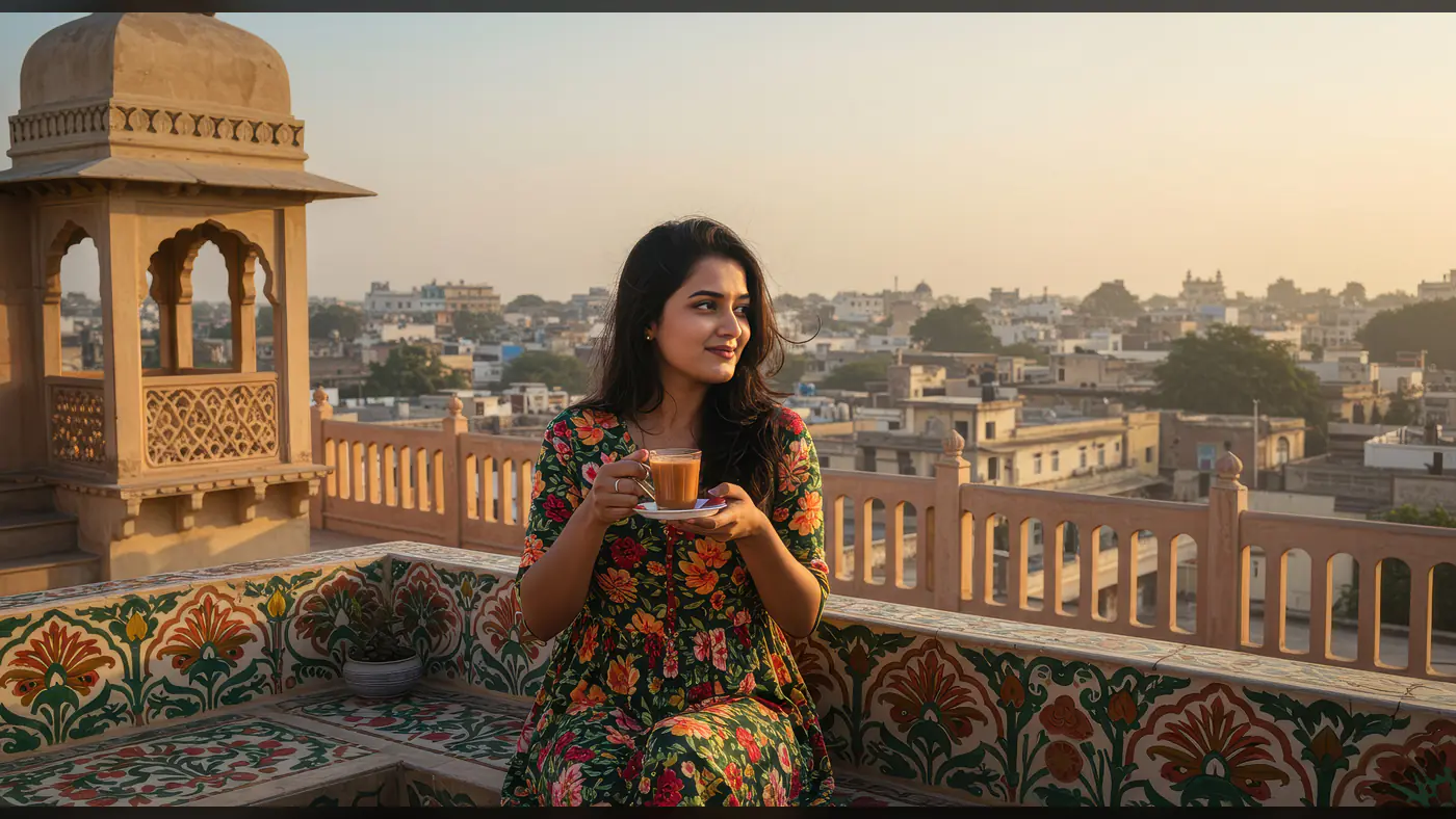 Indian Woman Savoring Chai on Heritage Rooftop Terrace at Sunset