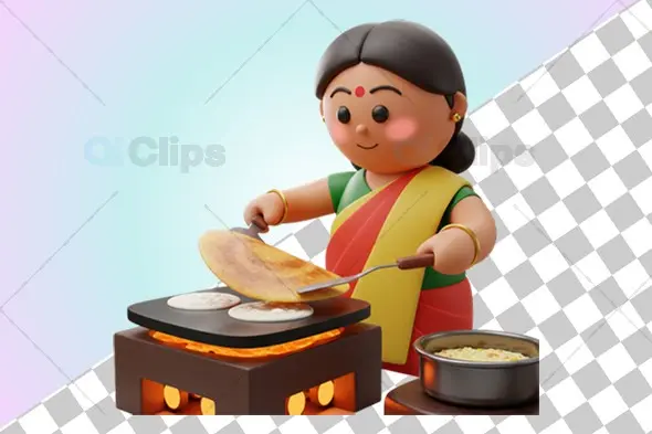 Indian Woman Cooking Dosa in Traditional Attire - 3D Illustration