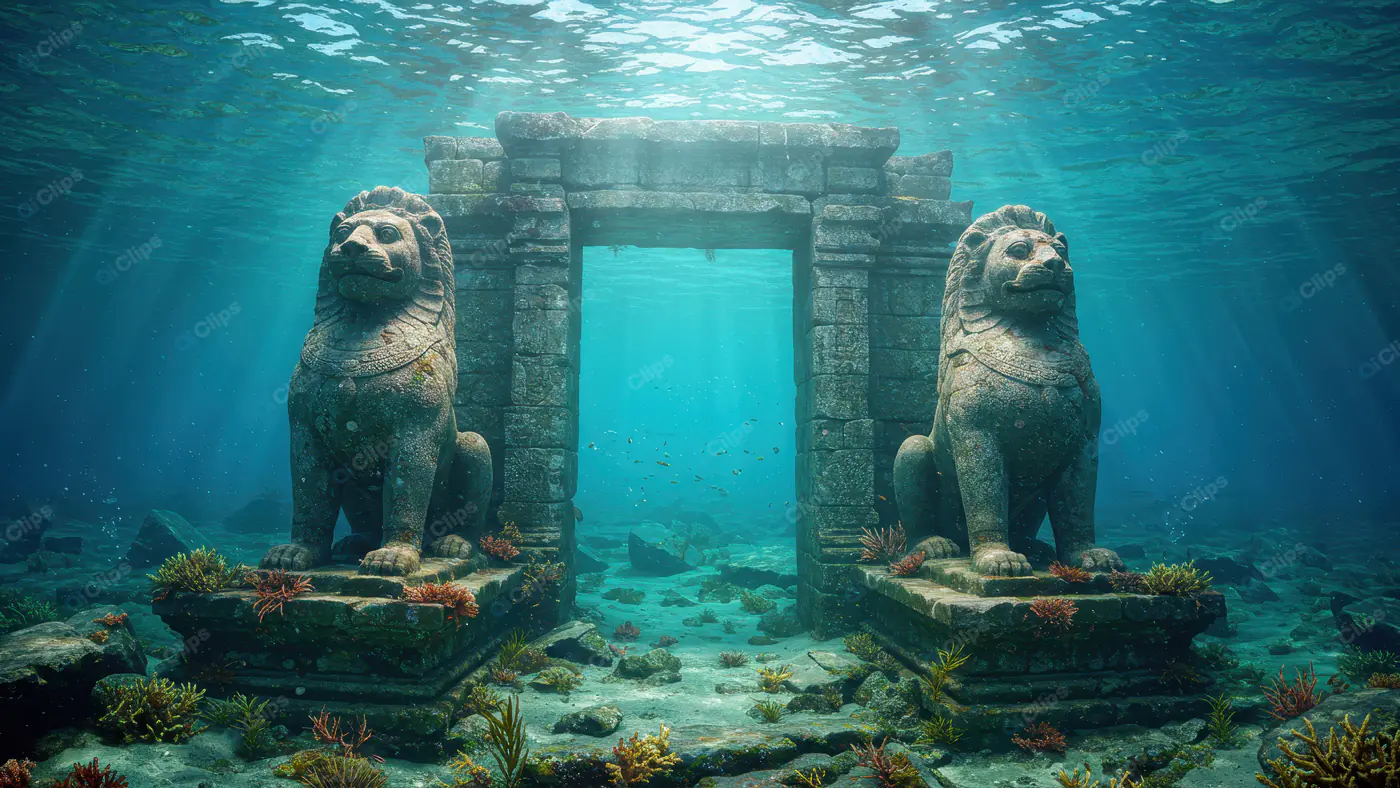 Ancient Underwater Temple Gate with Guardian Lion Statues