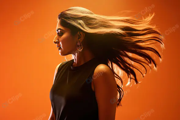 Elegant Indian Woman with Flowing Hair in Golden Backlight