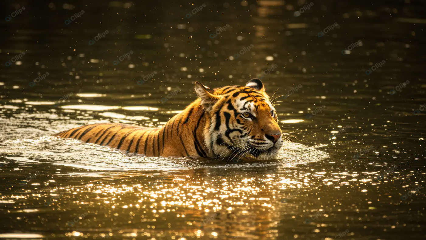 Majestic Tiger Swimming Gracefully in Sunlit River – Wildlife Photography Asset