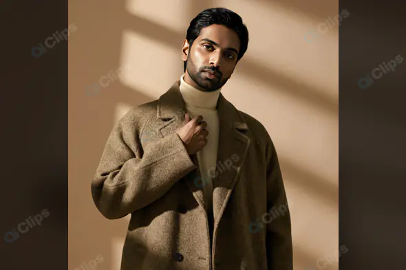 Stylish Indian Man in Winter Coat and Turtleneck in Soft Light