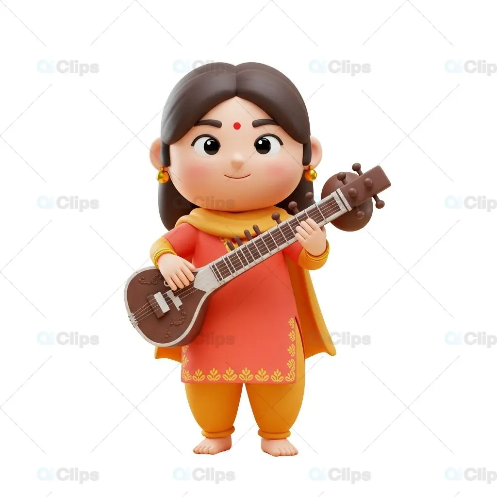 Indian Woman Playing Sitar - 3D Illustration