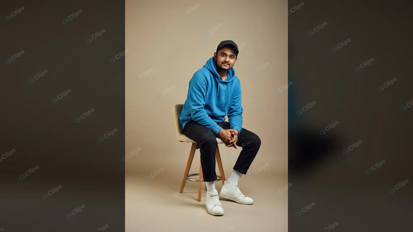 Portrait of Confident Young Indian Man in Blue Hoodie on Stool