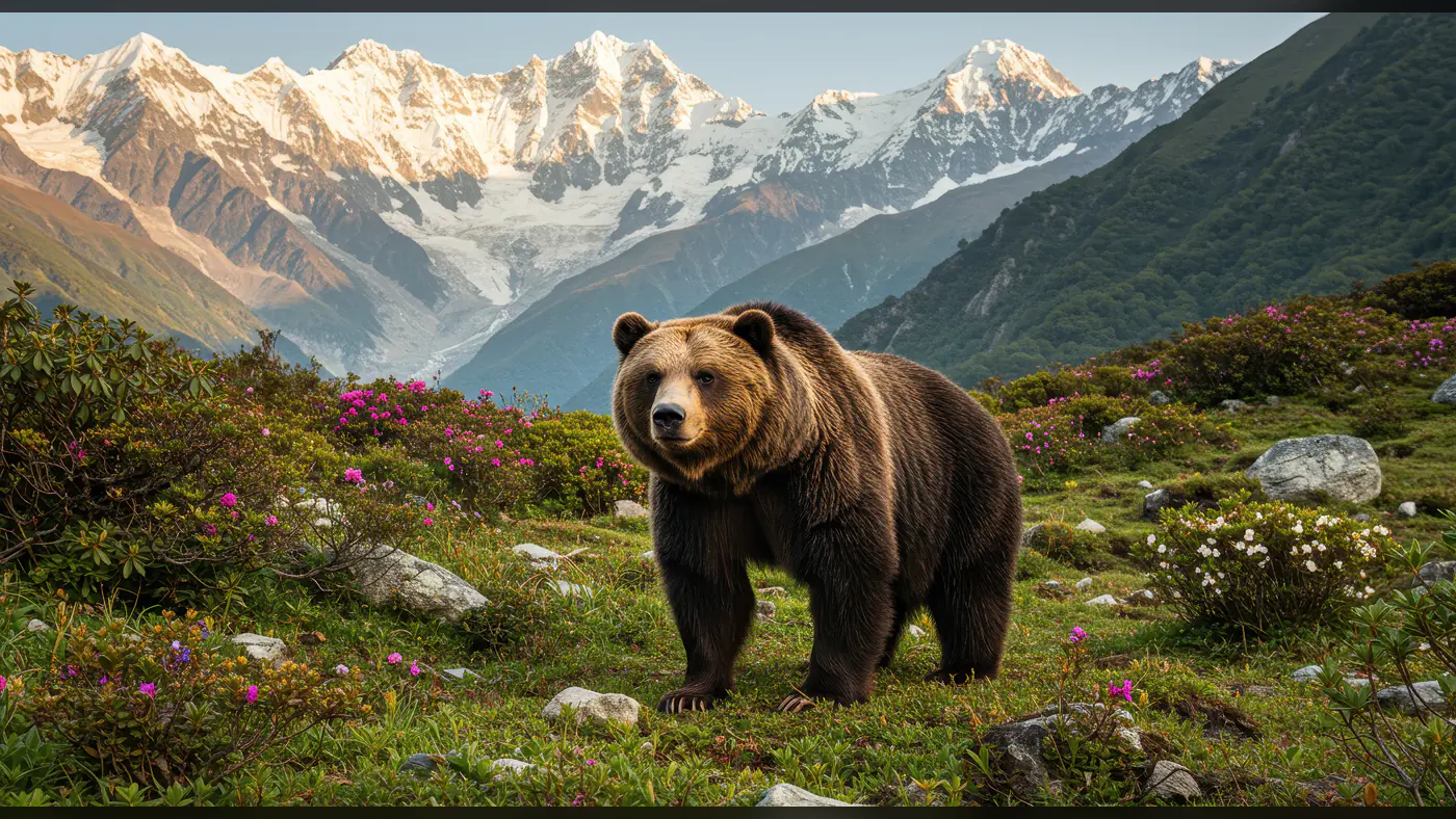 Brown Bear in Alpine Meadow with Snow-Capped Mountains