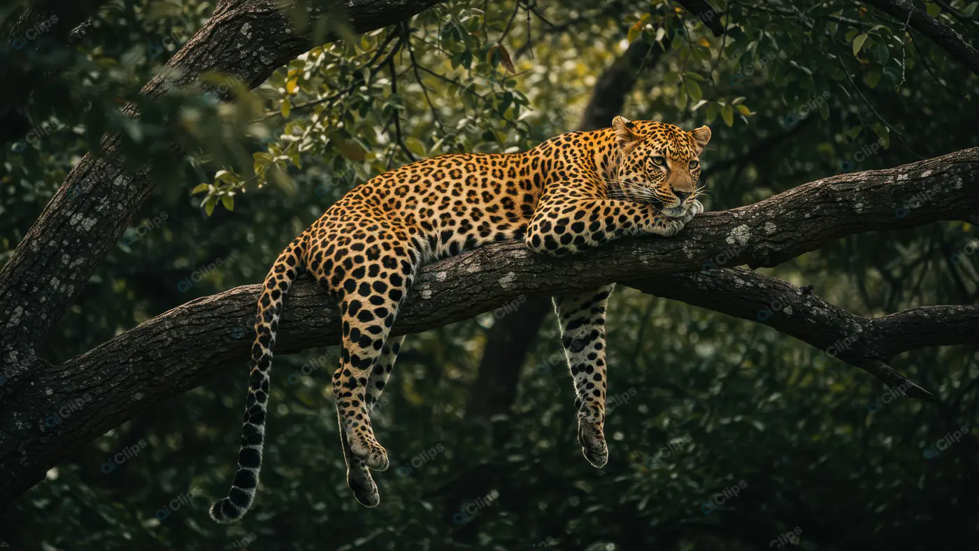 Leopard Resting on Tree Branch in Dense Jungle Canopy