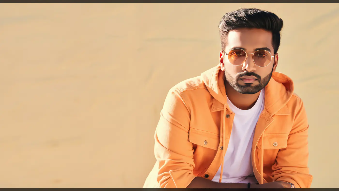 Stylish Indian Man in Orange Jacket and Sunglasses Posing Outdoors