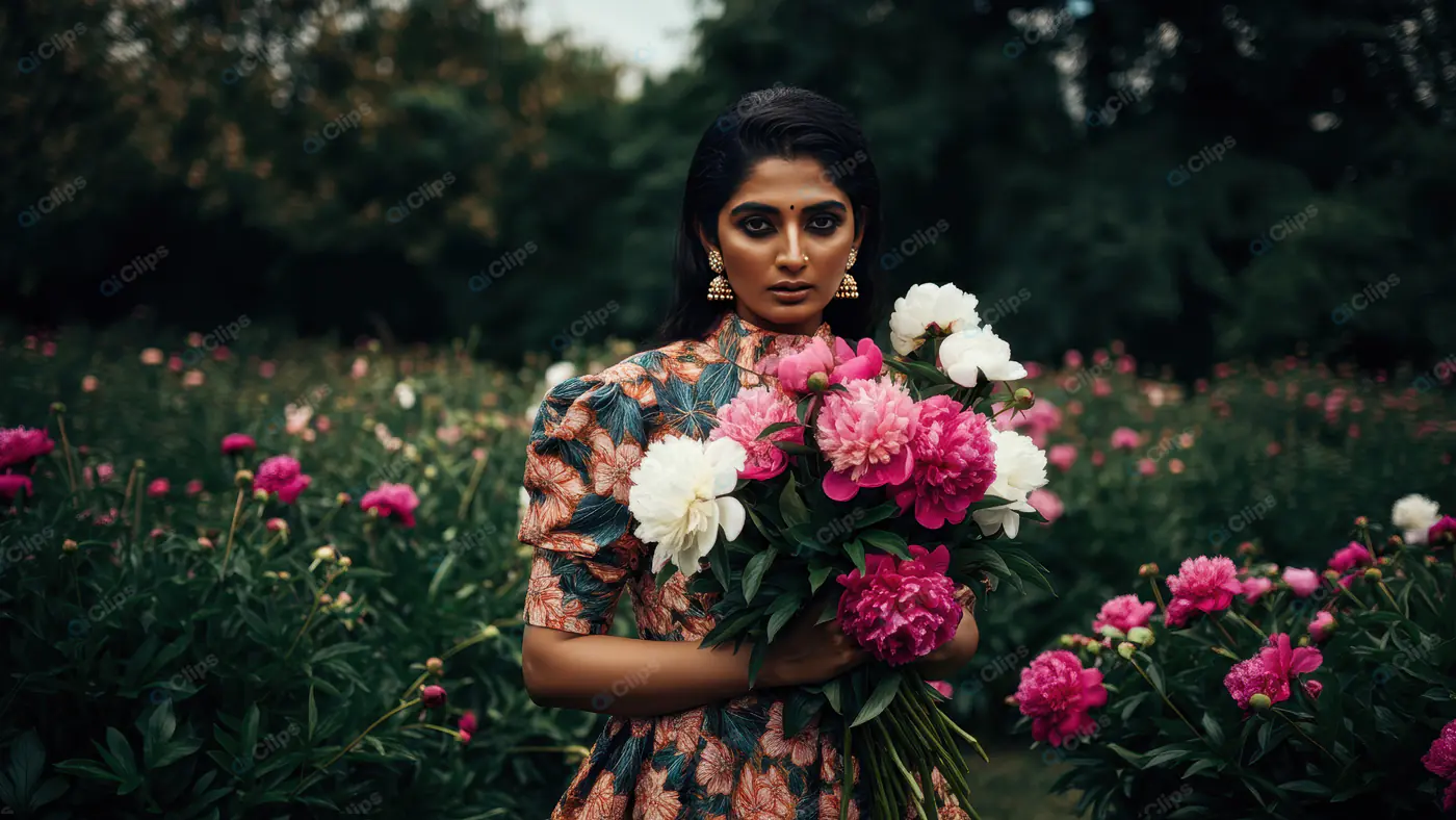 Elegant Indian Woman Holding a Bouquet of Flowers in a Garden
