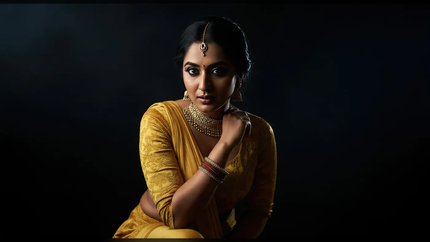 Elegant Indian Woman in Yellow Saree with Traditional Jewelry