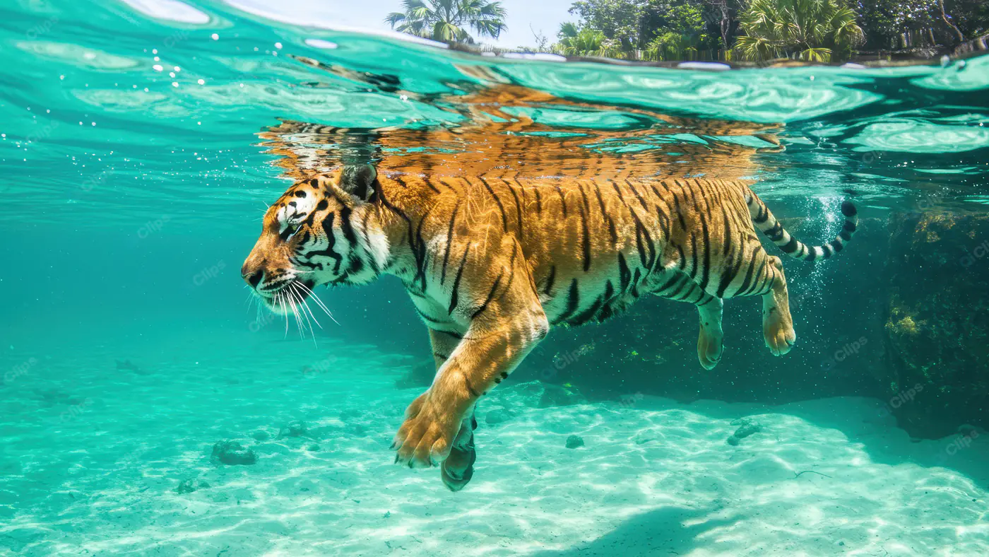 Majestic Bengal Tiger Swimming Underwater in Crystal Clear Lagoon