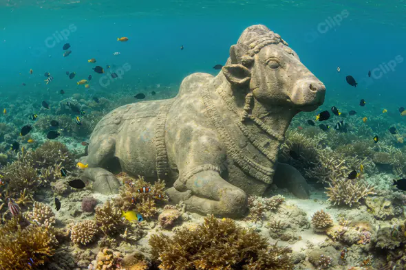 Submerged Nandi Statue Surrounded by Vibrant Coral and Fish