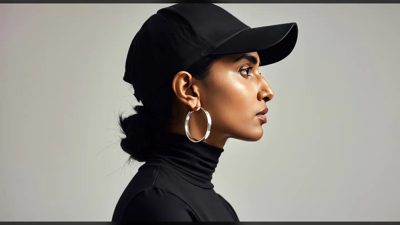 Confident Indian Woman in Black Cap and Hoops Side Profile