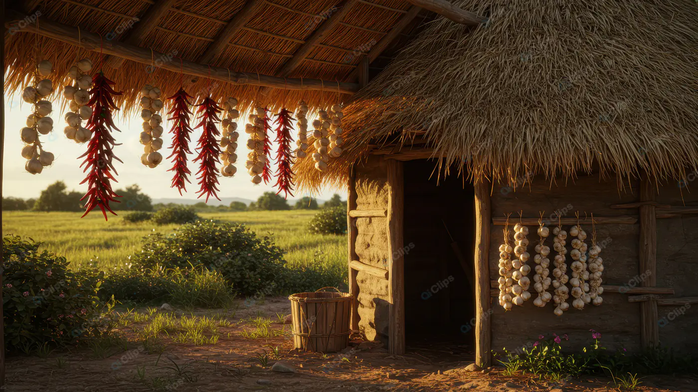 Traditional Indian Village Hut with Hanging Garlic and Chillies