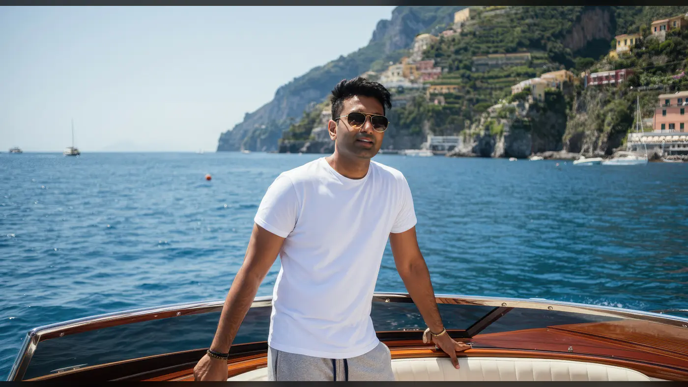Man Relaxing on a Luxury Boat with Coastal View