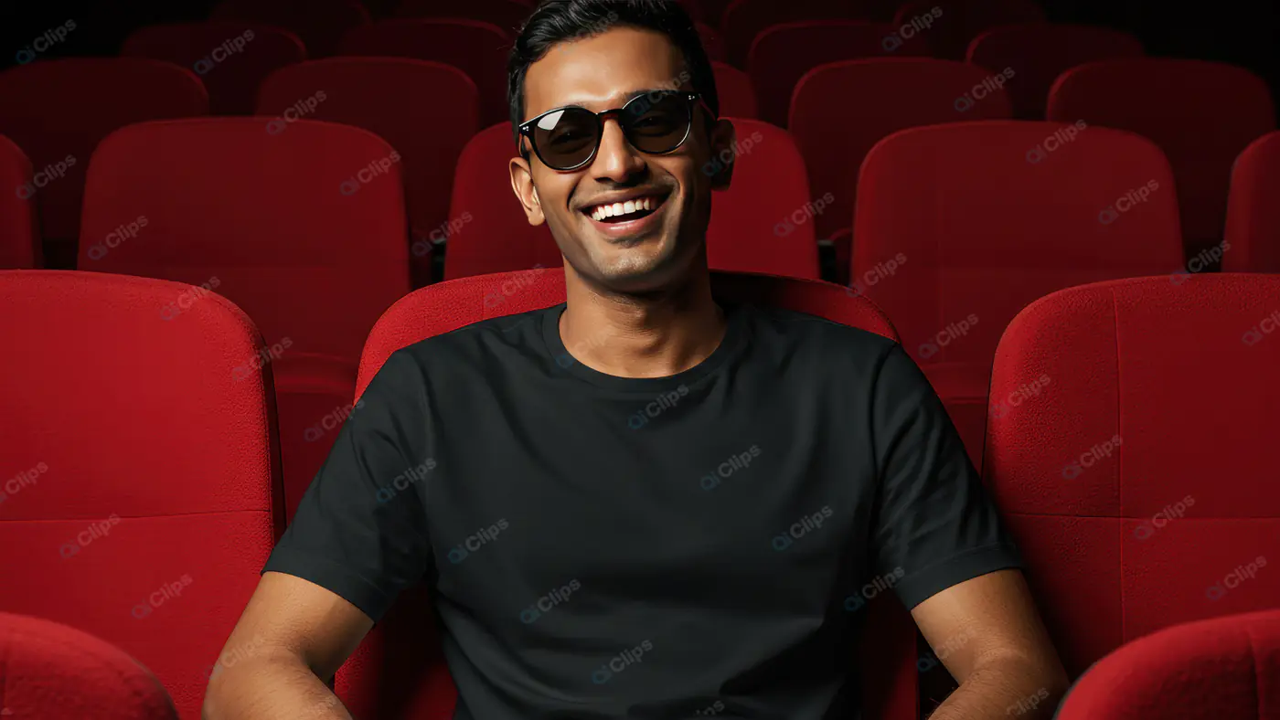 Happy Indian Man in Sunglasses Sitting in Cinema – Casual Lifestyle Photography