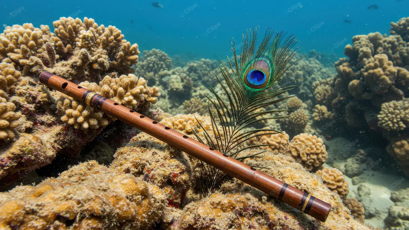 Krishna’s Flute with Peacock Feather Underwater on Coral Reef