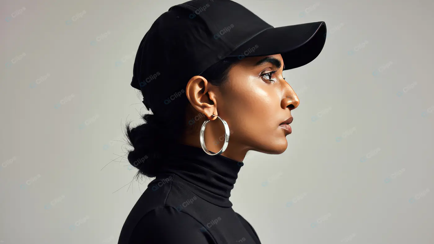 Confident Indian Woman in Black Cap and Hoops Side Profile