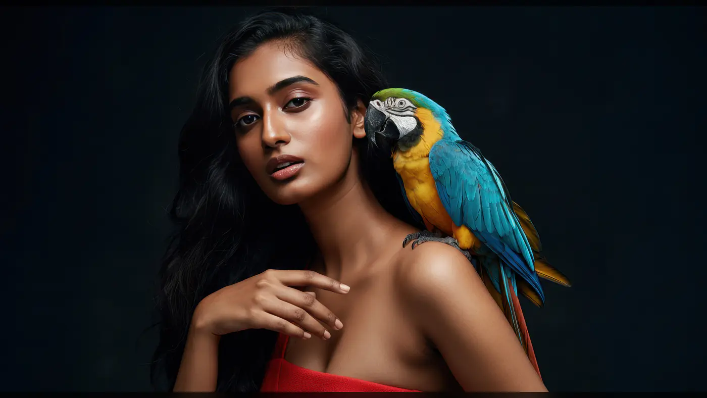 Elegant Woman with Macaw Parrot on Shoulder in Studio Portrait