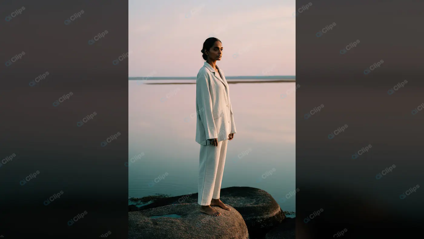 Elegant Indian Woman in White Suit Standing by Calm Waters at Sunset