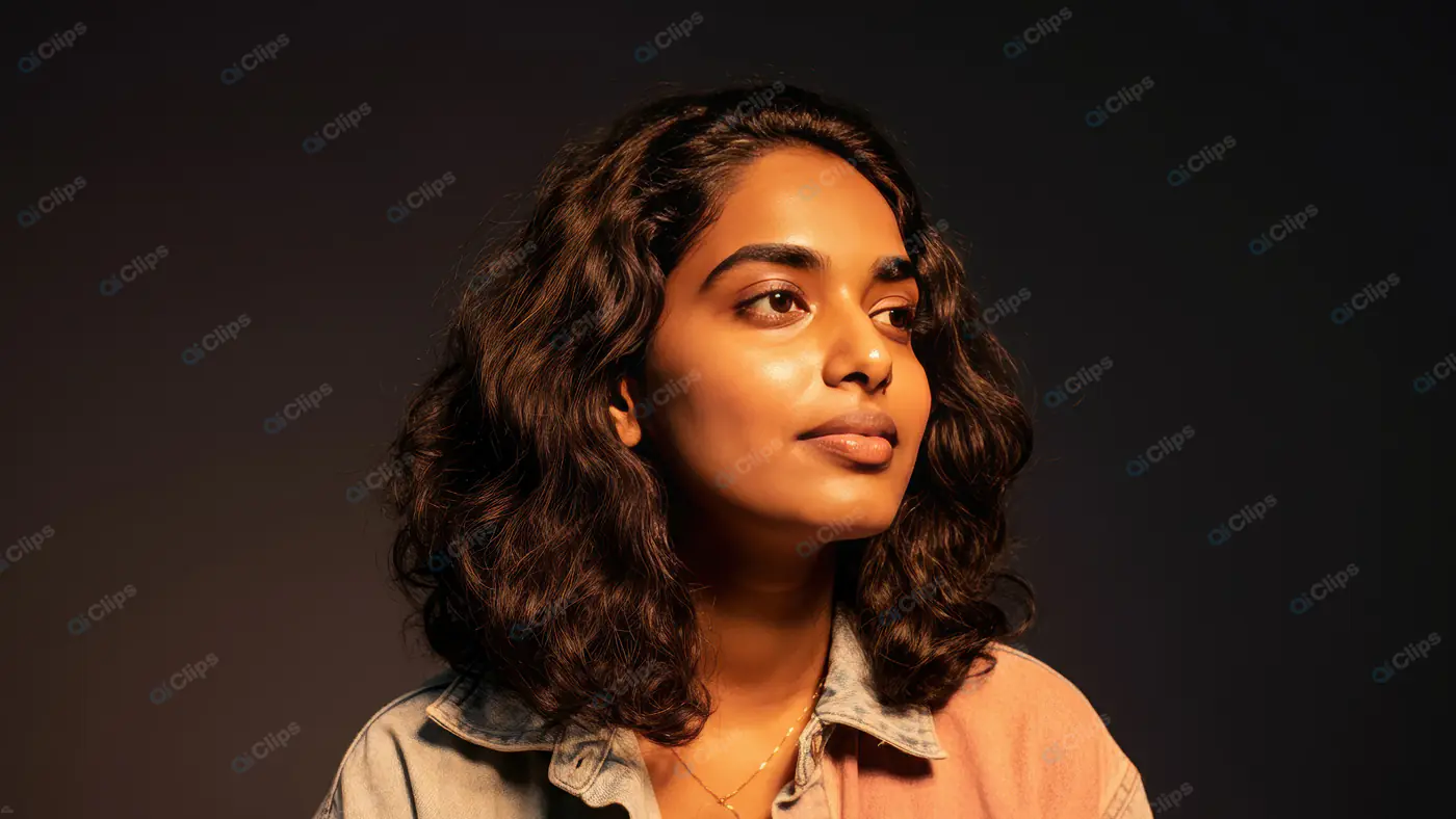 Indian Woman with Curly Hair in Artistic Portrait Lighting