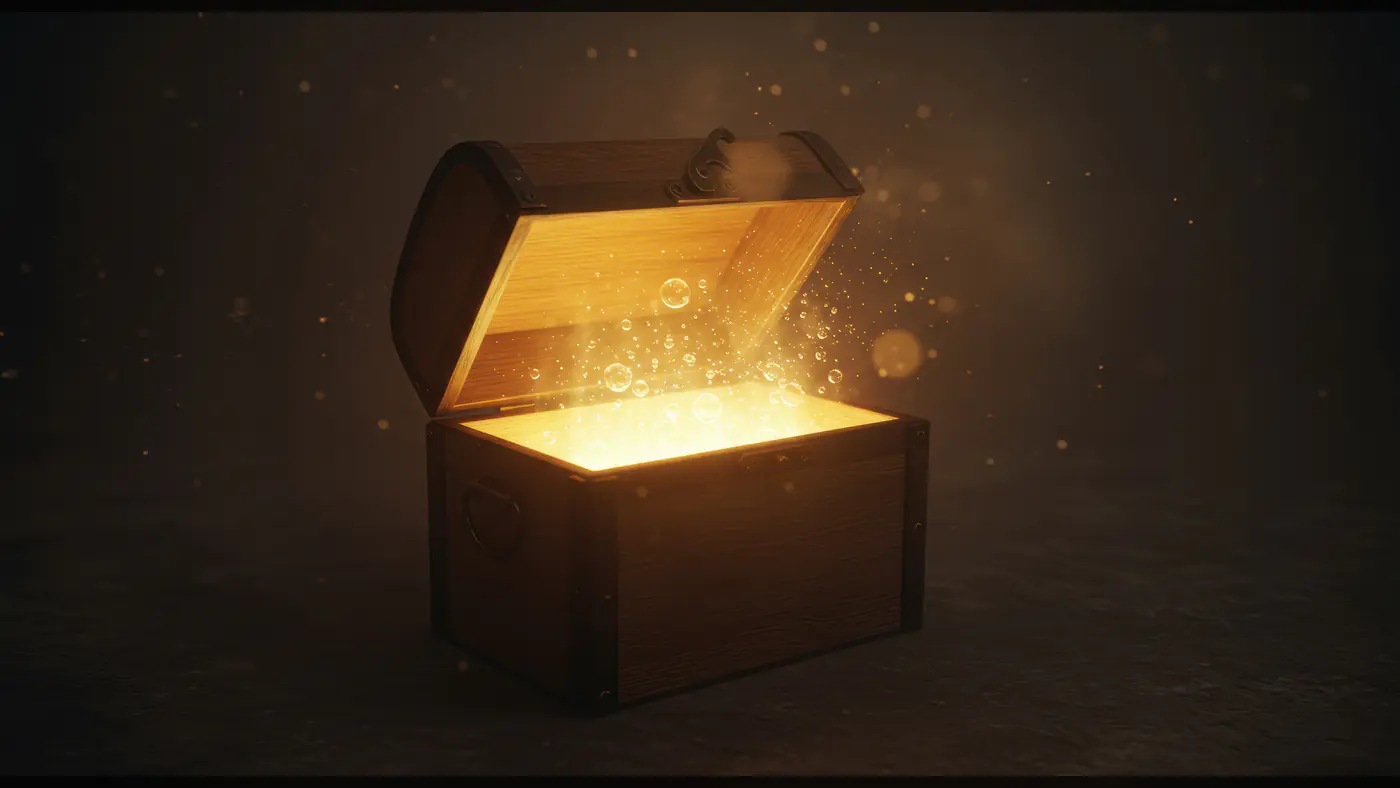 Mystical Glowing Treasure Chest with Floating Particles in Dark Room