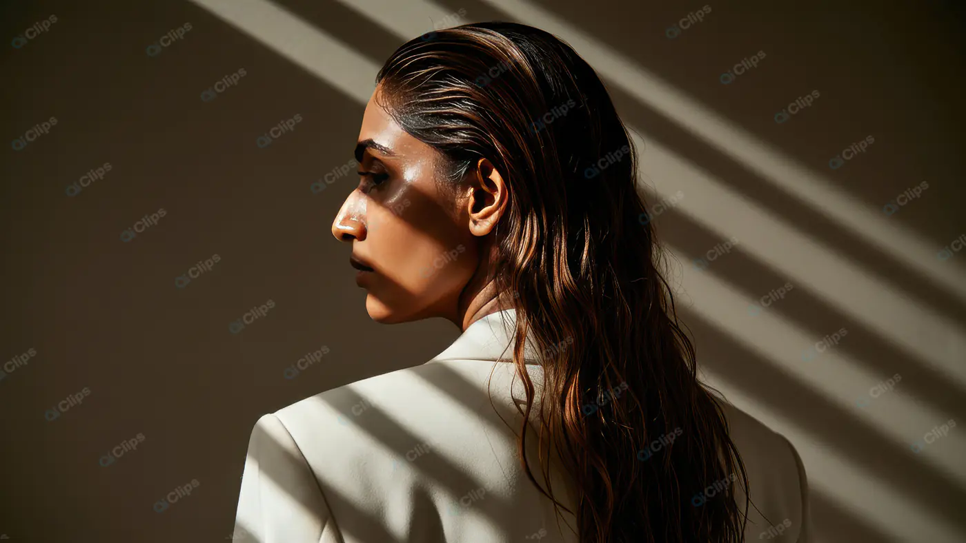 Elegant Woman in White Blazer with Wet Hair in Dramatic Lighting