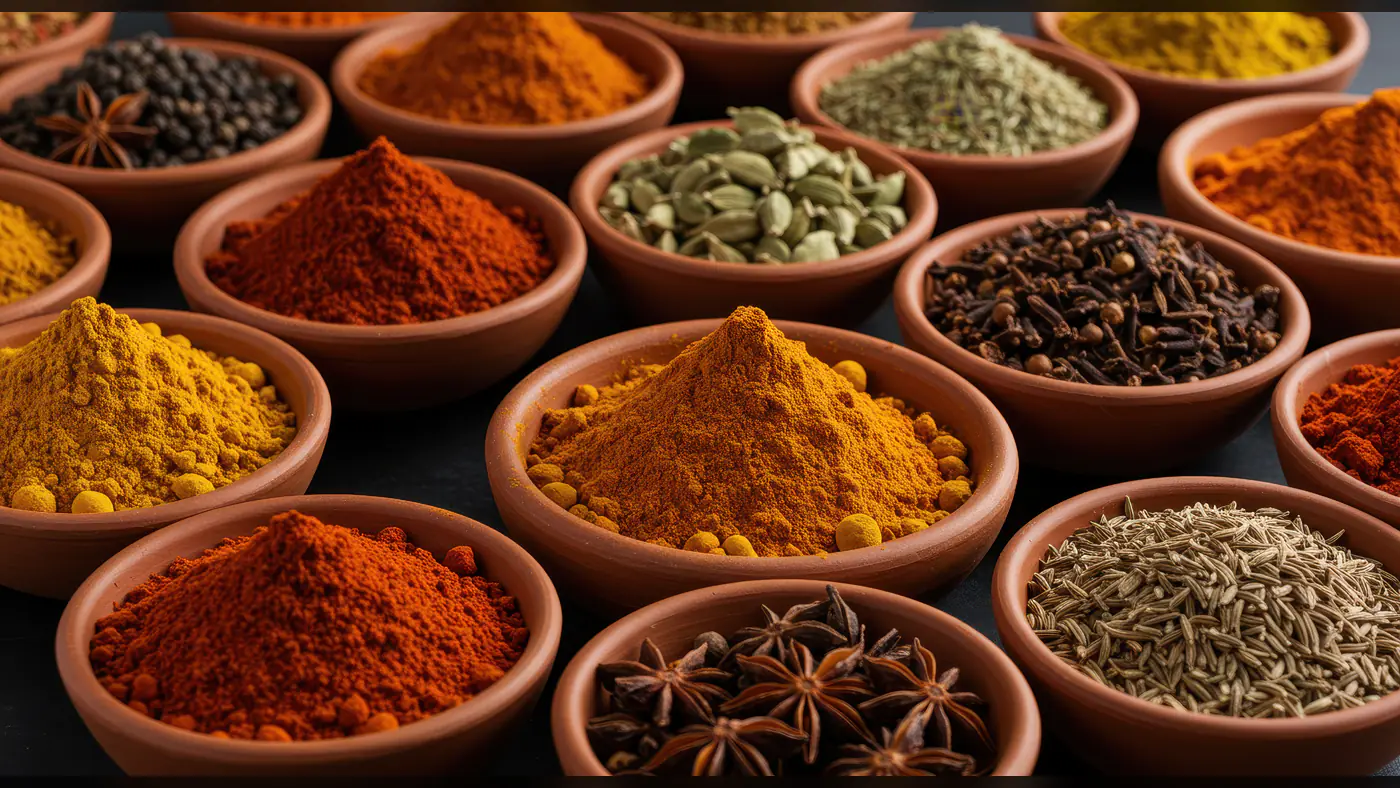 Colorful Assortment of Indian Spices in Clay Bowls
