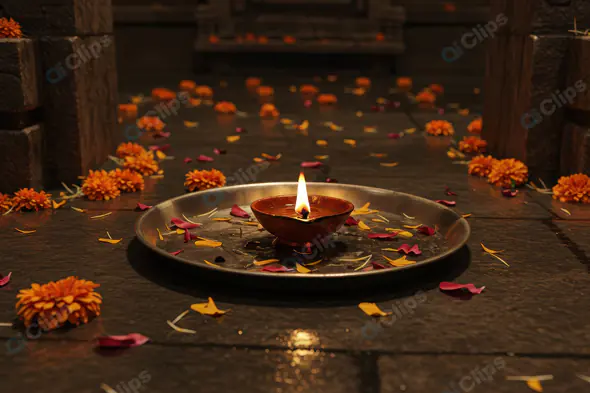 Traditional Diya with Flower Petals in Temple Setting