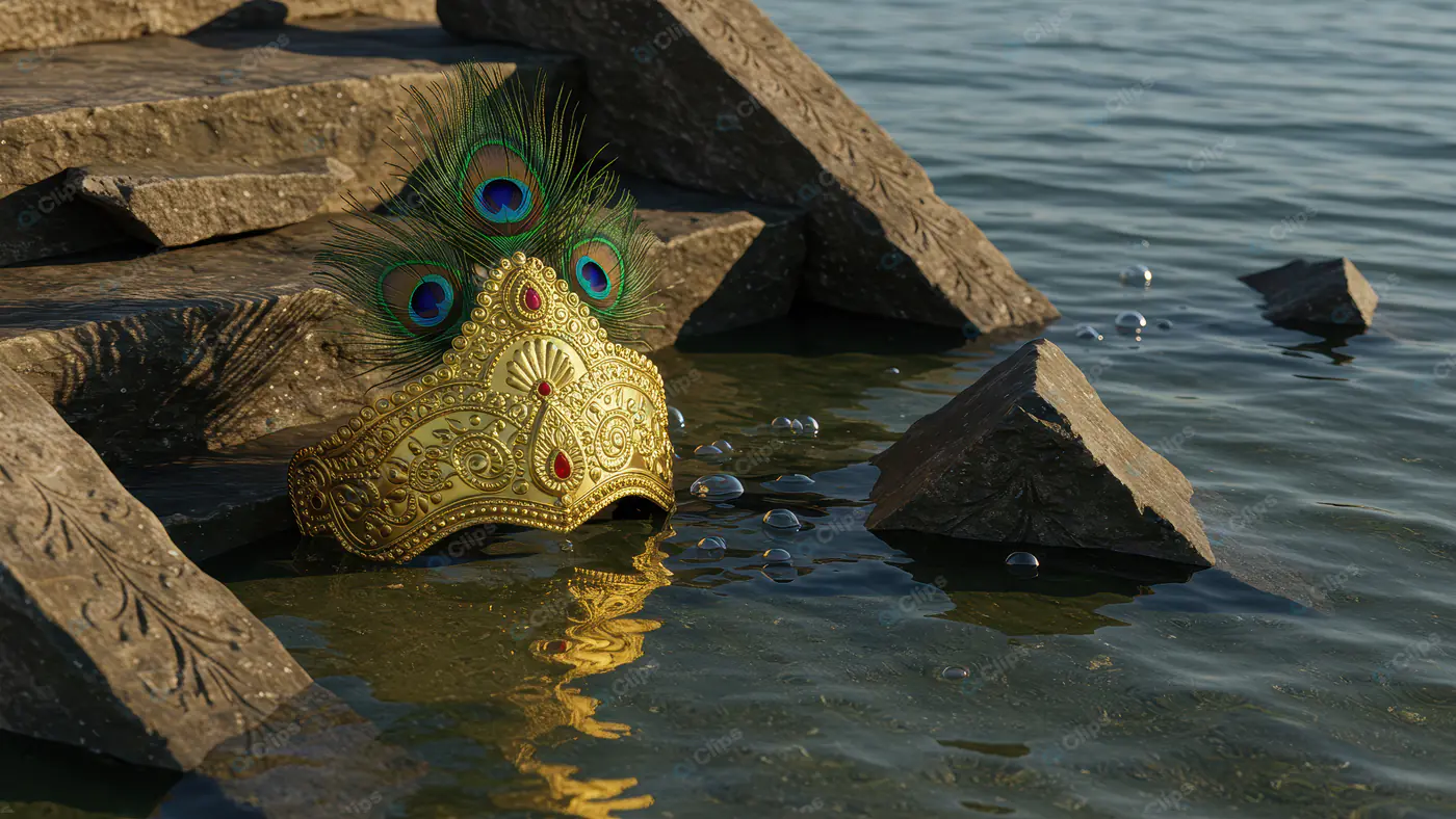 Golden Peacock Feather Crown of Lord Krishna Resting by Riverbank