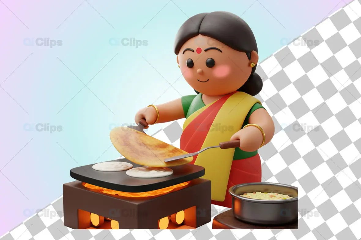 Indian Woman Cooking Dosa in Traditional Attire - 3D Illustration