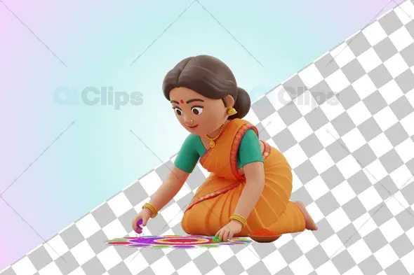 3D Indian Woman Creating Rangoli Art