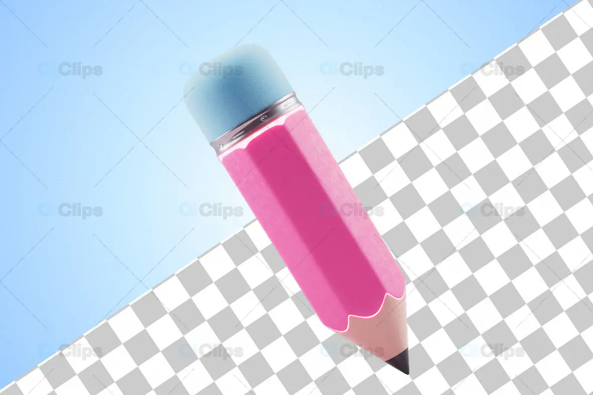 3D Pink Pencil with Blue Eraser and Transparent Background
