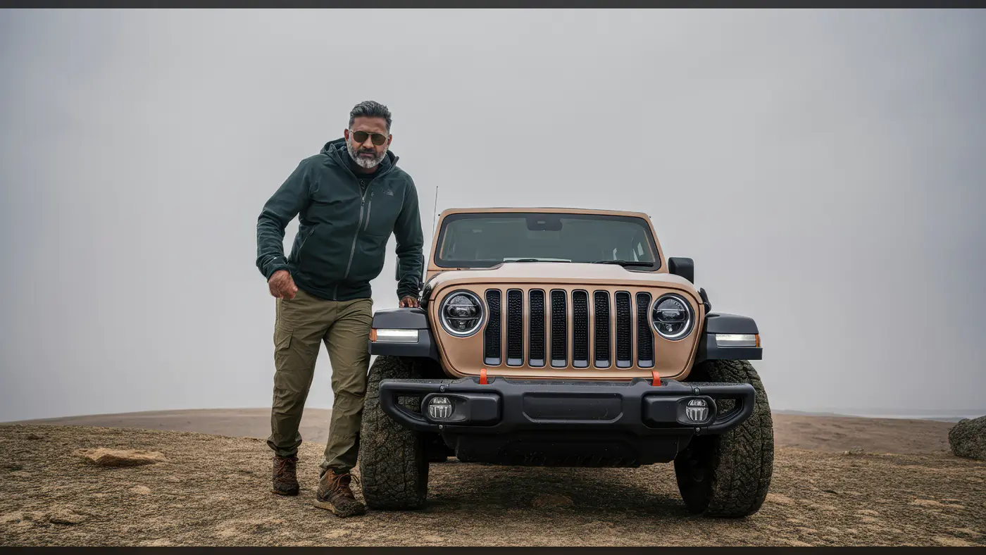 Adventurous Indian Man with SUV on Rugged Terrain