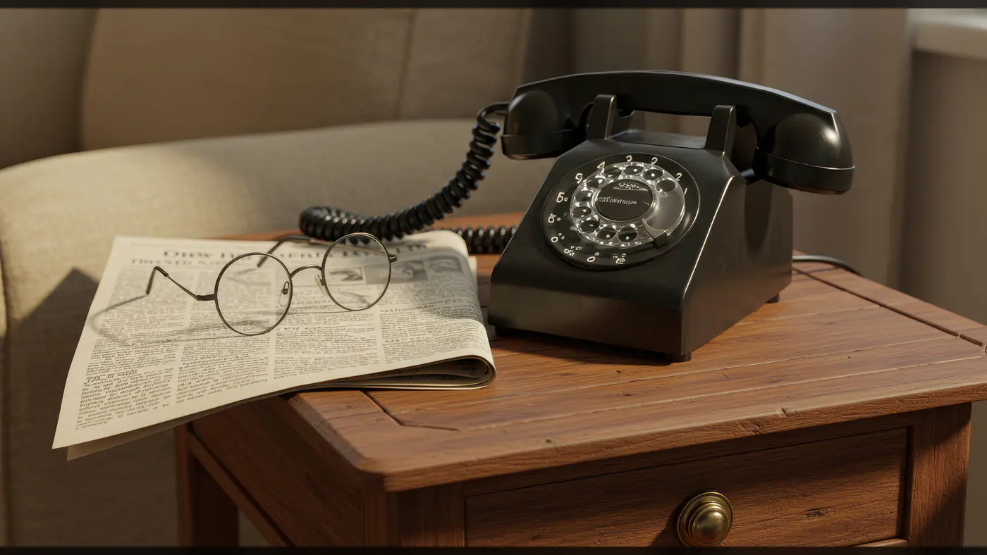 Retro Black Rotary Phone with Newspaper and Glasses – Classic Vintage Home Scene