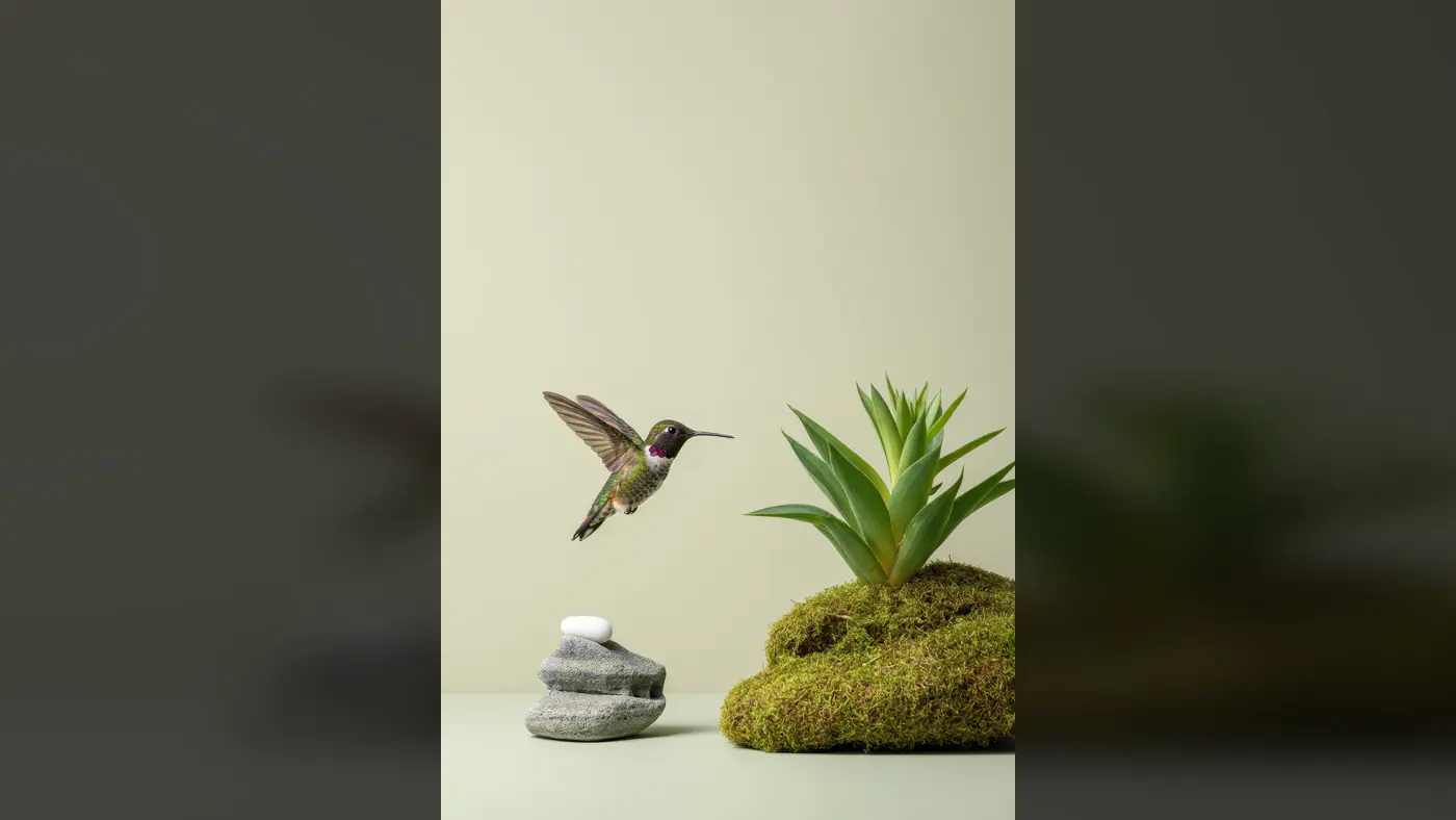 Minimal Zen Nature Scene with Hummingbird and Succulent Plant