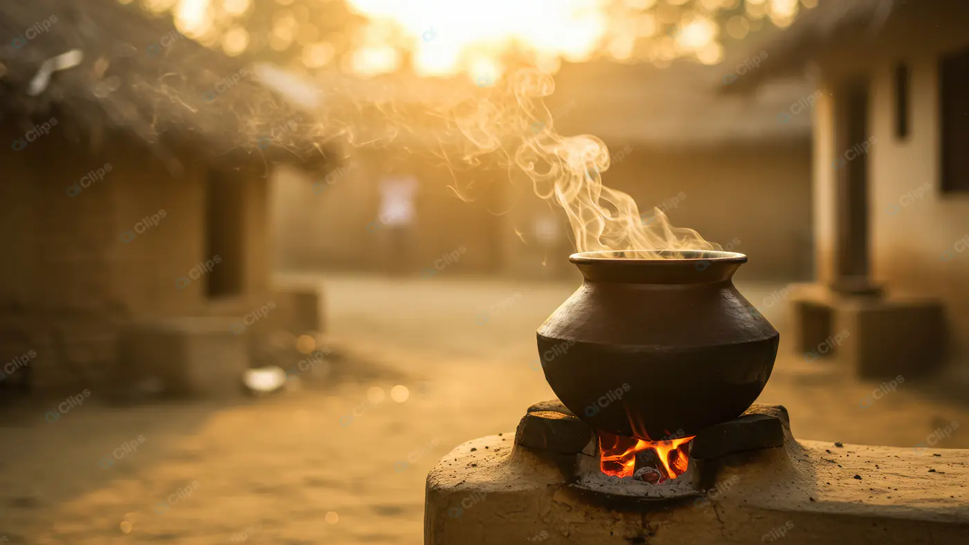Traditional Clay Pot Cooking Over Firewood Stove in Rural Indian Village