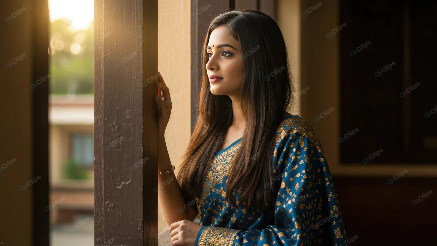 Elegant Indian Woman in Blue Saree Gazing Through a Sunlit Corridor