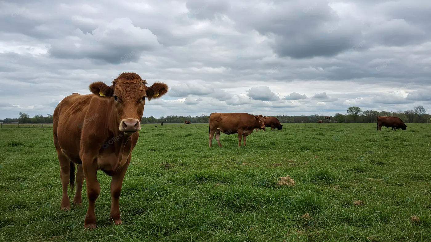 Brown Cows Grazing in Green Pasture Under Cloudy Sky